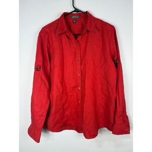 Lauren Ralph Lauren Red 100% Linen Roll Tab Sleeve Button Down Shirt Womens XL
